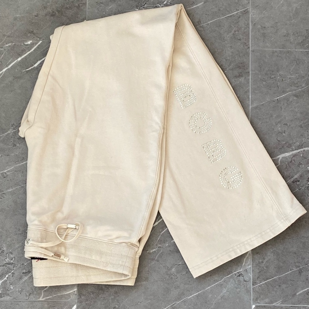 BCBGMaxAzria Cream Track Pants with Embellished Logo